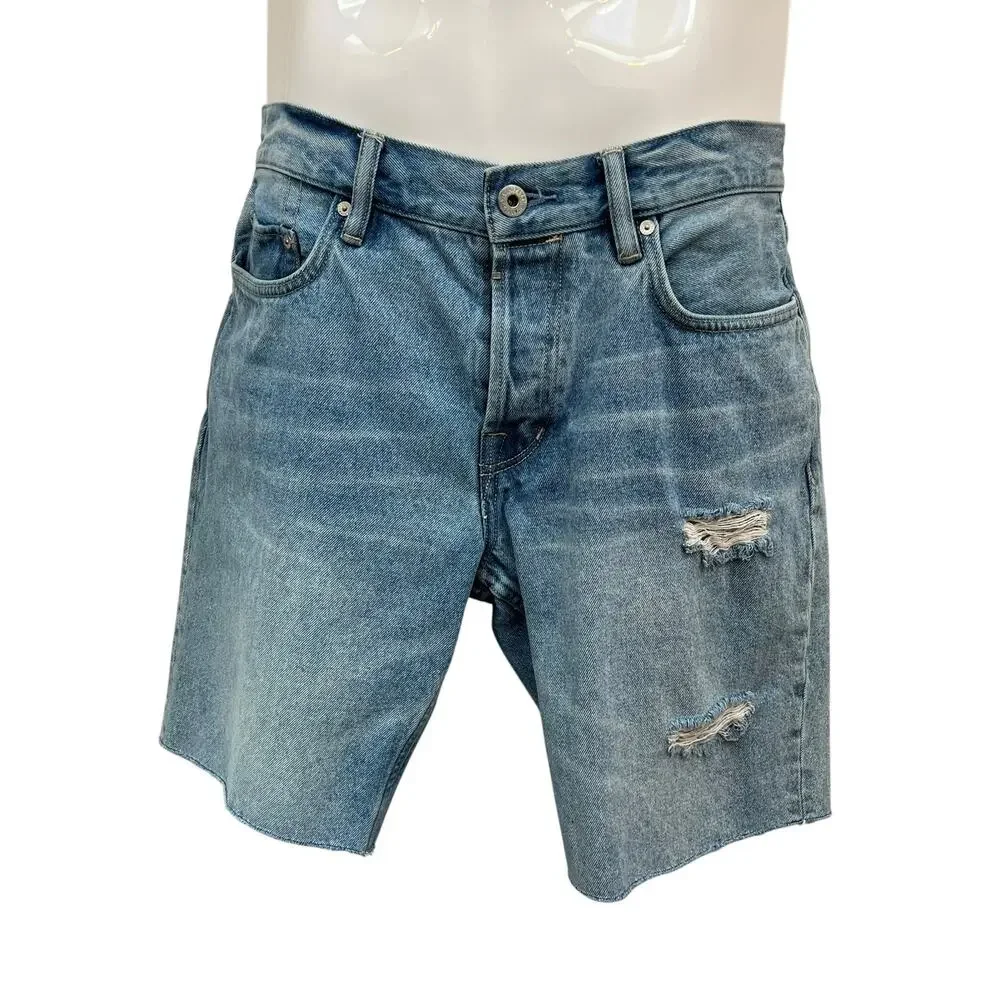 AllSaints Switch Men’s W32 Distressed Denim Shorts Blue Raw Hem Cutoffs